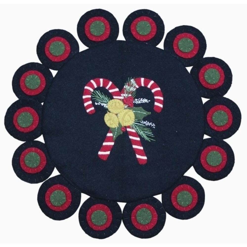 Primitive CANDY CANE Christmas Candle Mat Penny Rug Wool Felt 15" New